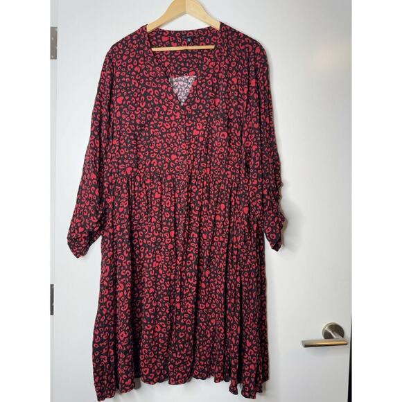 Torrid Red Black Leopard Heart Challis Button Front Shirt Dress 4 Or 4X Plus - Picture 1 of 7